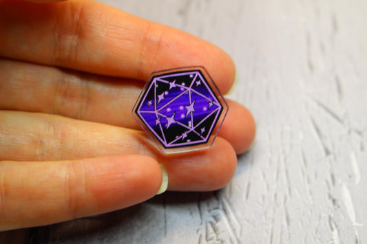 D20 Purple Starry Galaxy Acrylic Pin Badge