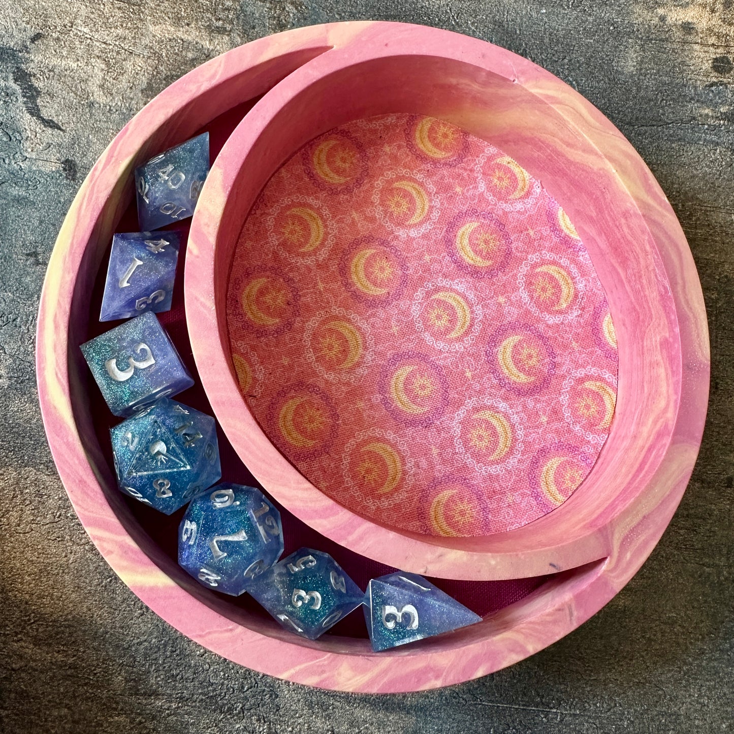 Peachy swirls Jesmonite Lunar Dice Rolling tray