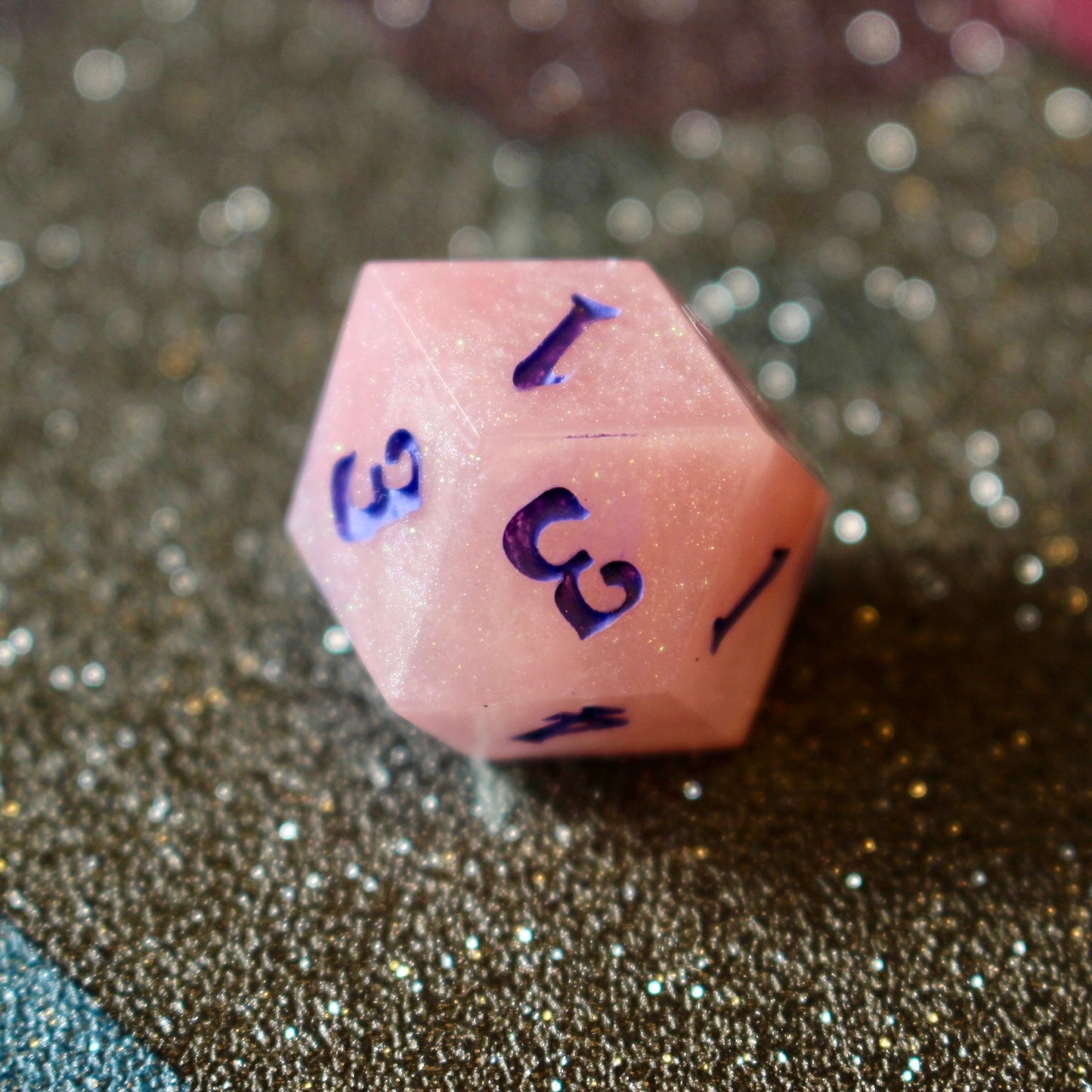 Pink Shimmer Numbered 12 Sided Rhombic D4