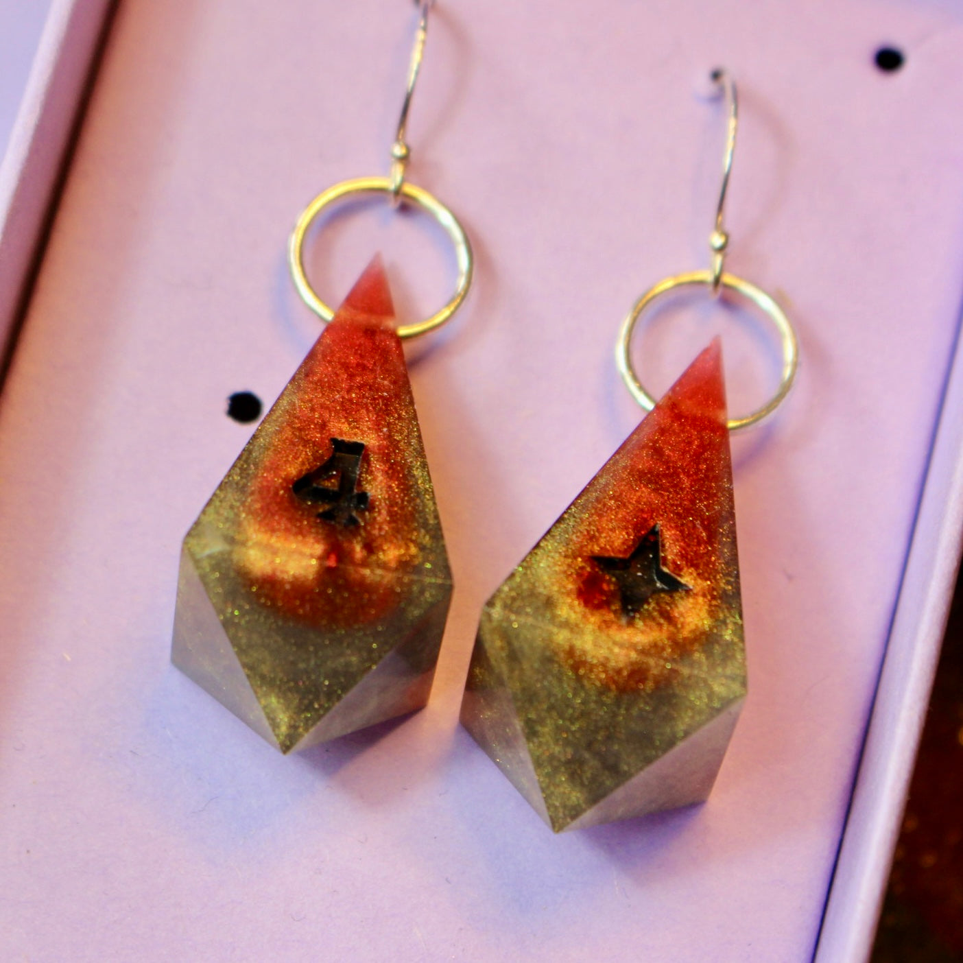 Gold and Red Number & Star Mix D4 Drop Earrings