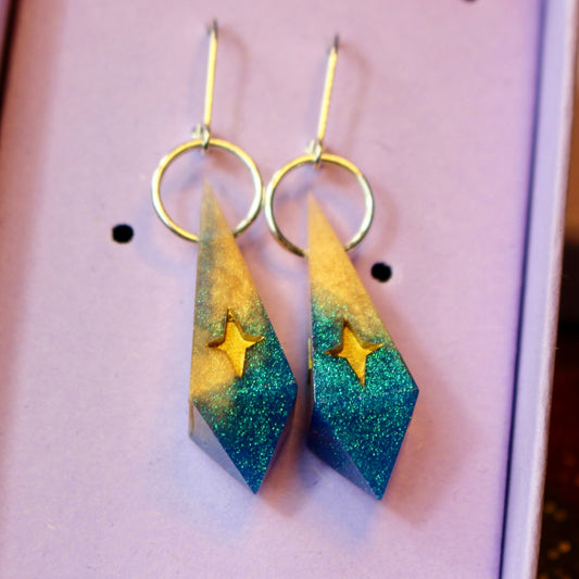 Gold and Teal Dainty Star D4 Drop Earrings