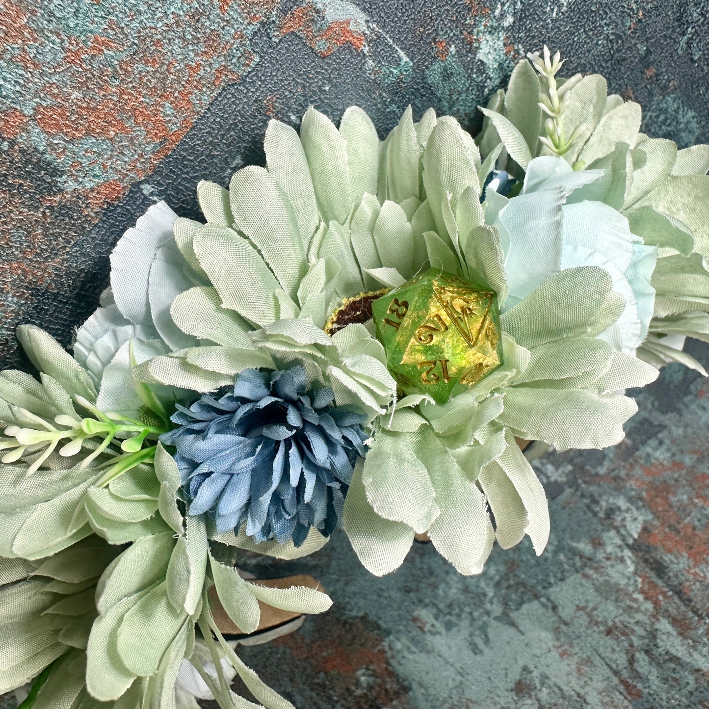 Pale Green & Blue D20 Handmade Flower Headband
