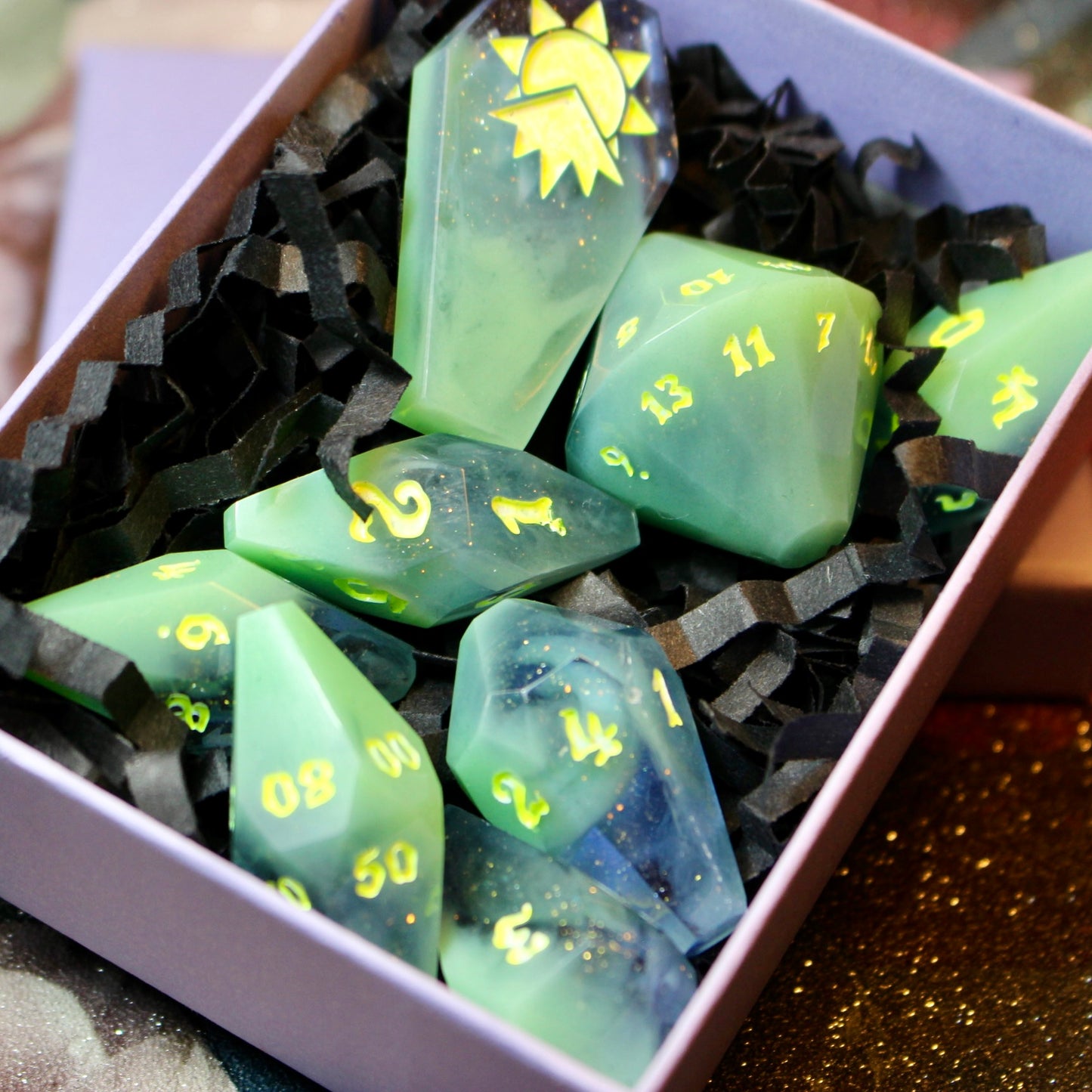 Glowing in the Mists- Coffin 8 Piece Dice Set