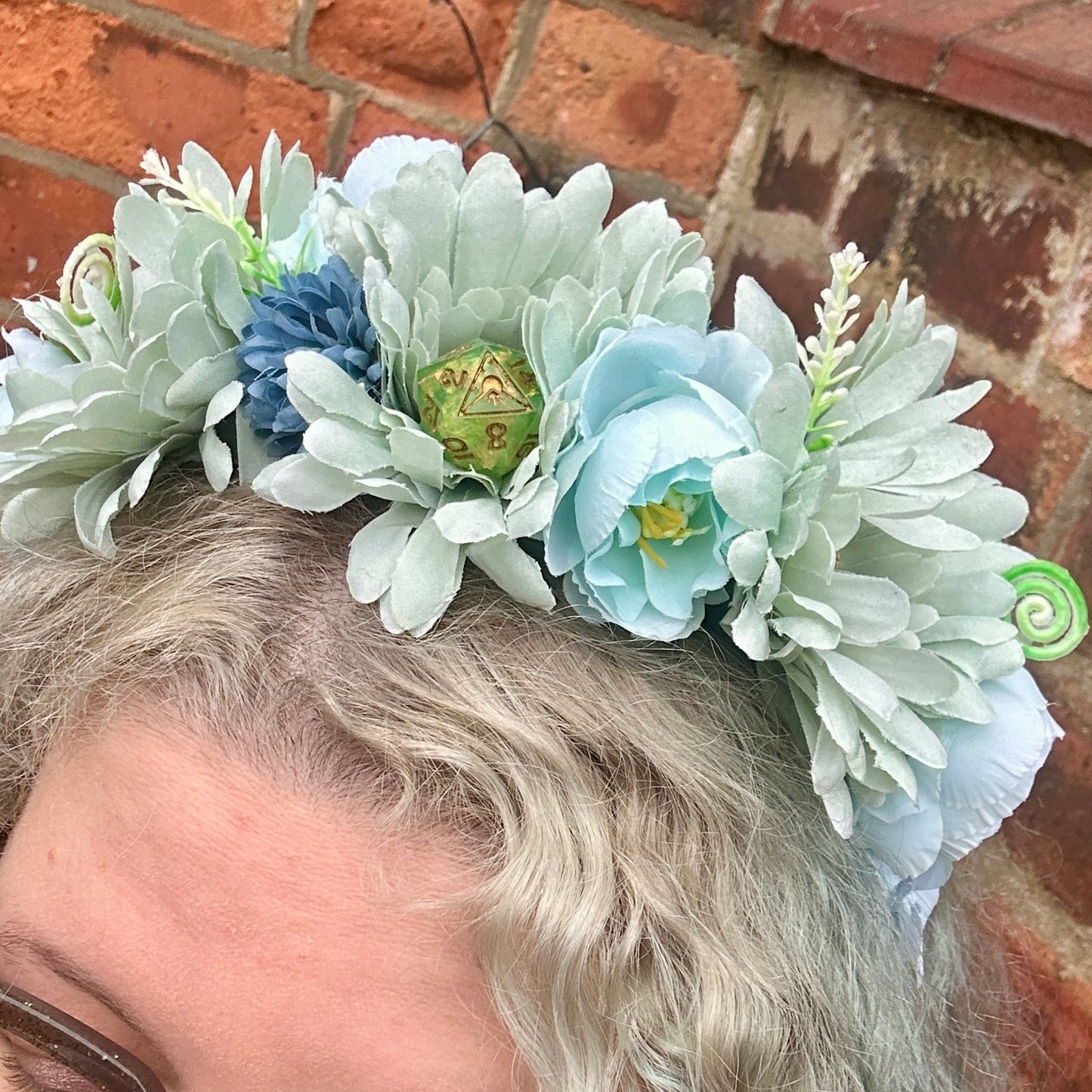 Pale Green & Blue D20 Handmade Flower Headband