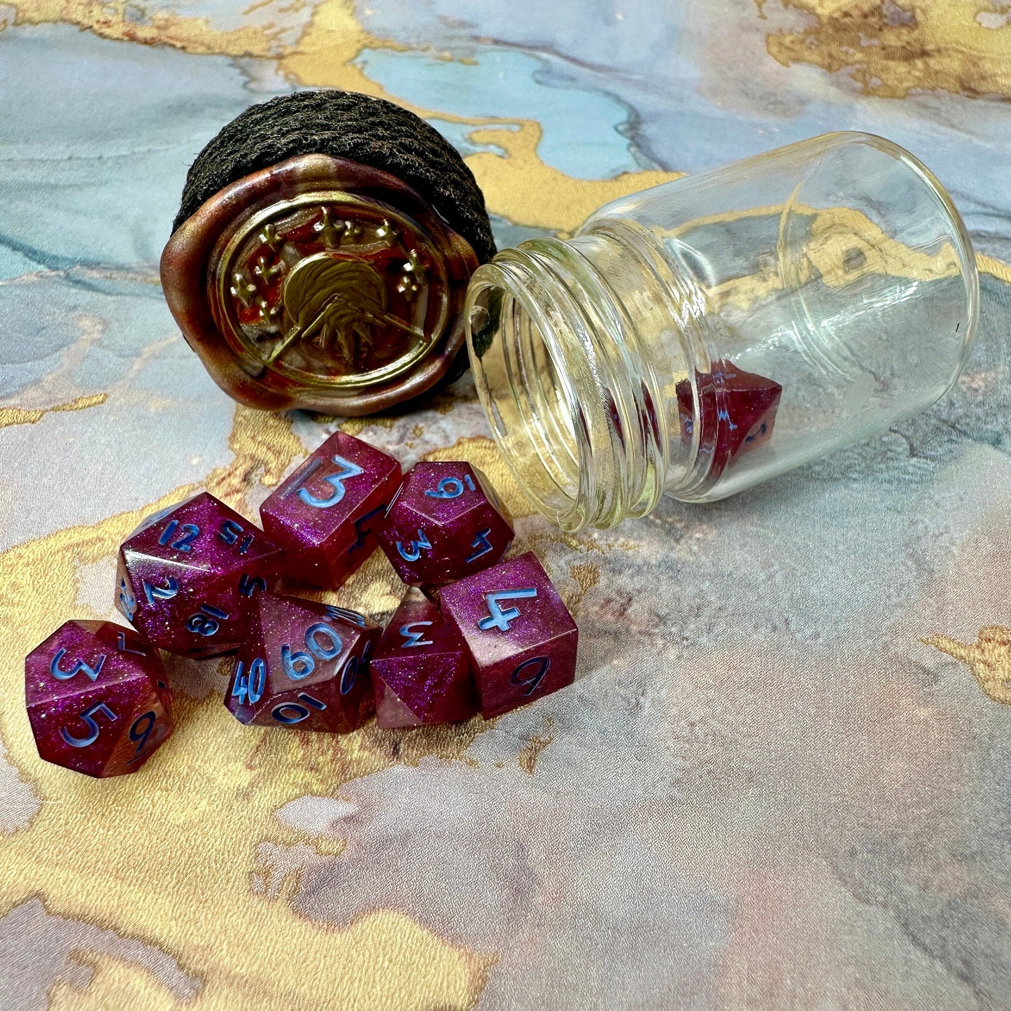 Playful Pink- Adorable mini 8 Piece Handmade Polyhedral Dice Set with Potion Jar
