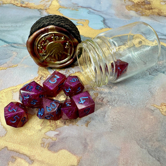 Playful Pink- Adorable mini 8 Piece Handmade Polyhedral Dice Set with Potion Jar