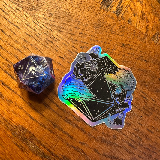 D20 Ink Cap Mushroom holographic art sticker