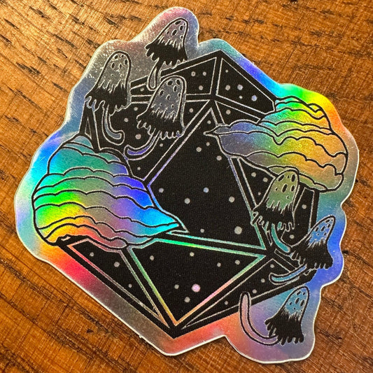 D20 Ink Cap Mushroom holographic art sticker