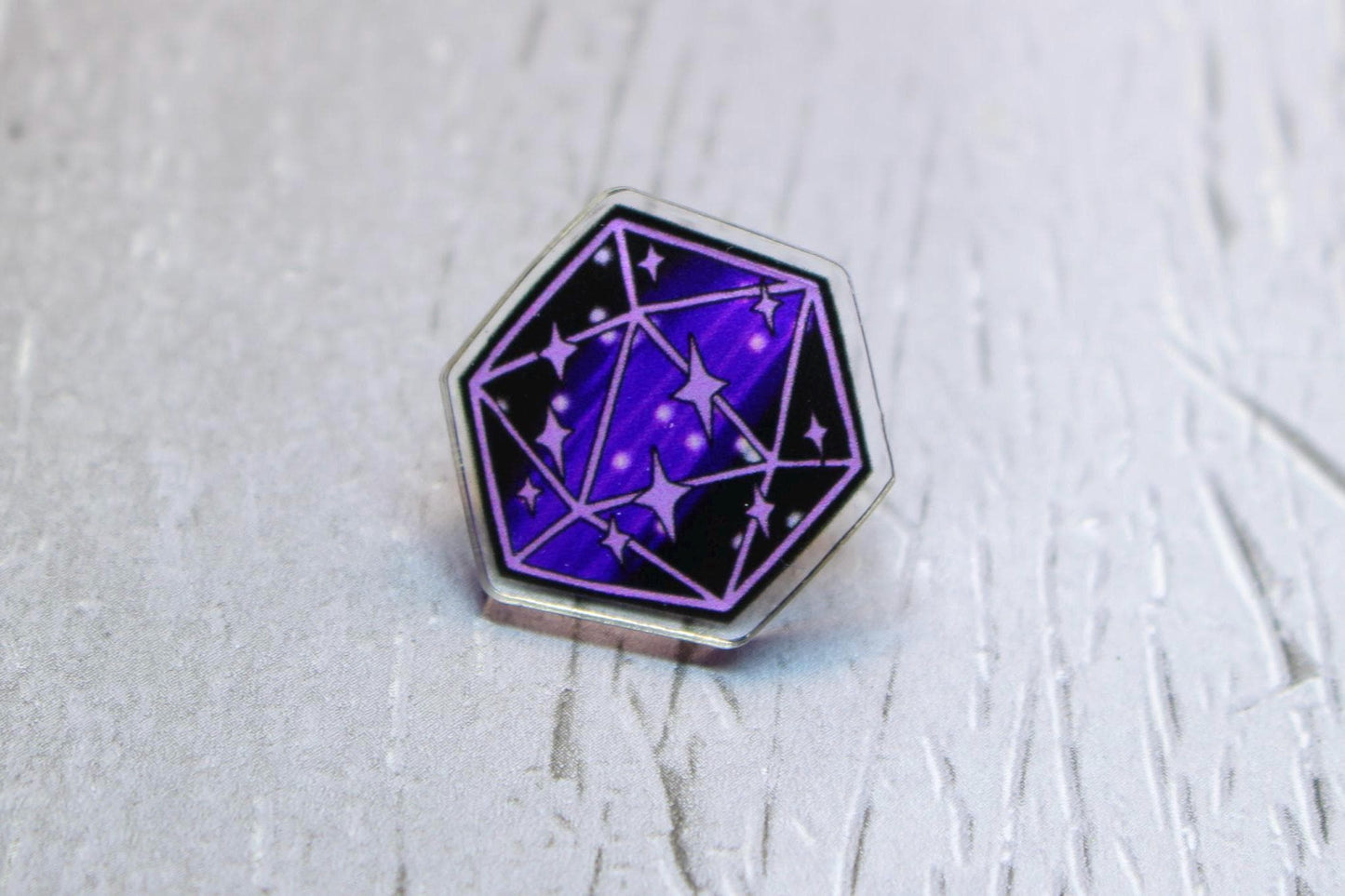 D20 Purple Starry Galaxy Acrylic Pin Badge